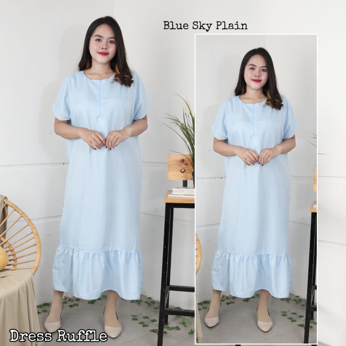 DRESS RESLETING RUFFLE POLOS DASTER JUMBO XXL BUSUI BUMIL FRIENDLY NEW - Blue Sky