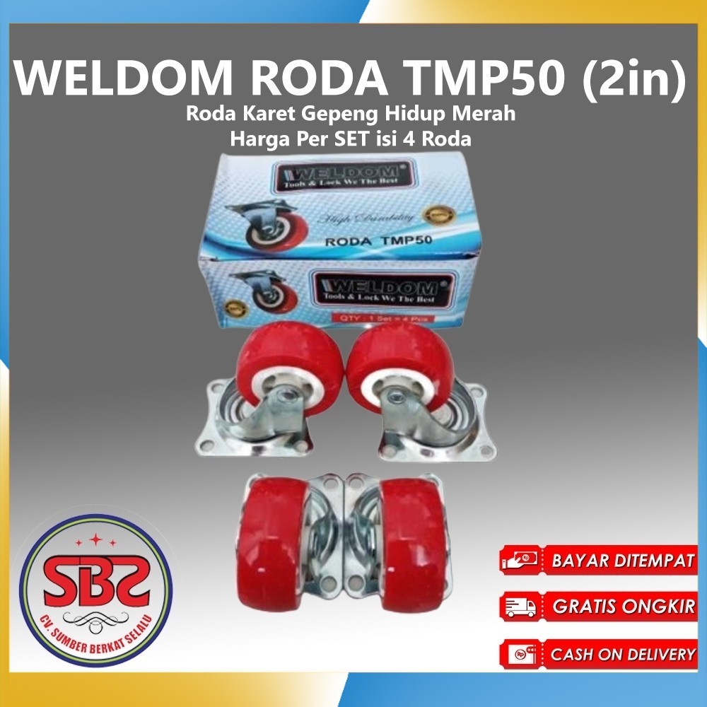 WELDOM Roda Karet Hidup Merah 2 inchi isi 4 pcs / Roda Karet Gepeng Hidup Merah Weldom (Roda Bundar 
