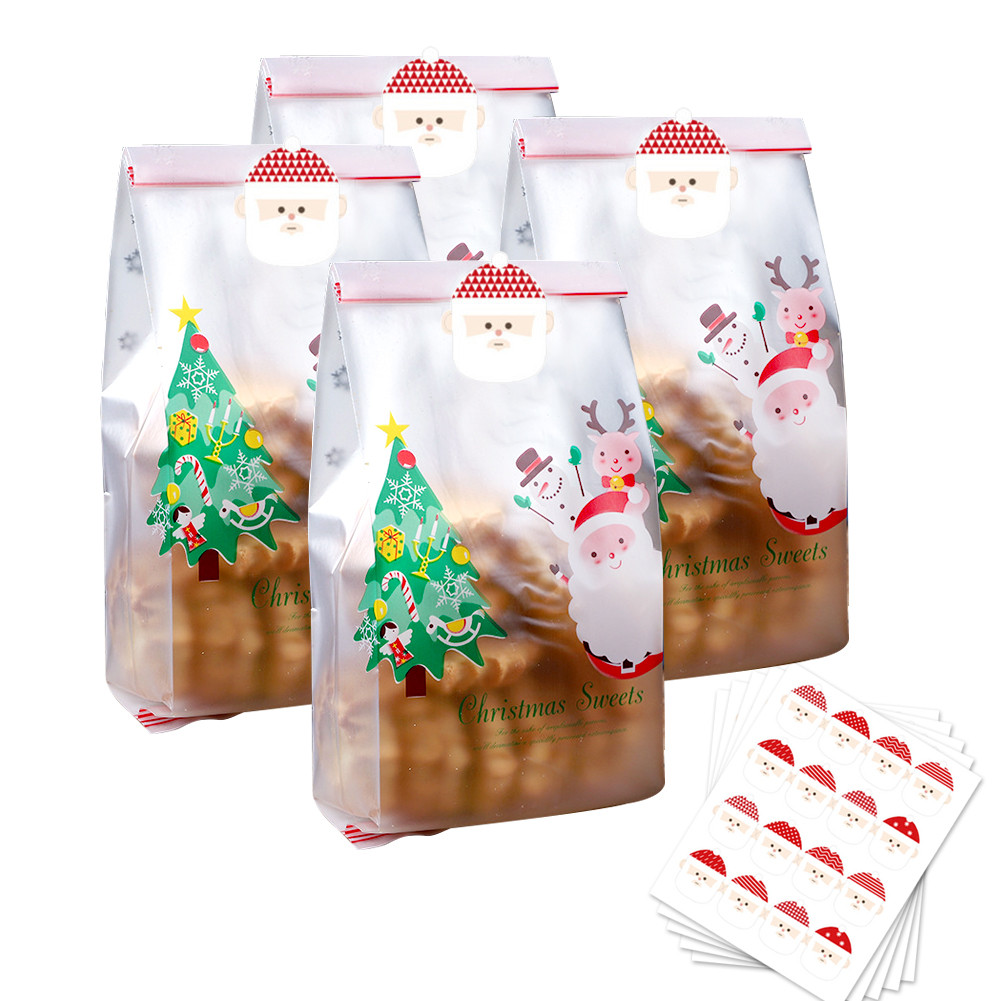 

50pcs Christmas Sweet Bags Christmas Cookie Bags Translucent Treat Bags with Stickers Santa Claus Plastic Bags for Cake Candy