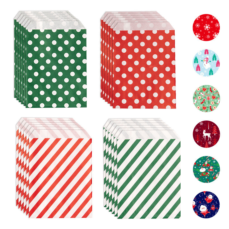 

24Pcs Christmas Paper Treat Bags Polka Dot Striped Pattern Candy Buffet Bags with stickets for Xmas Party Favor Paper Gift Bags