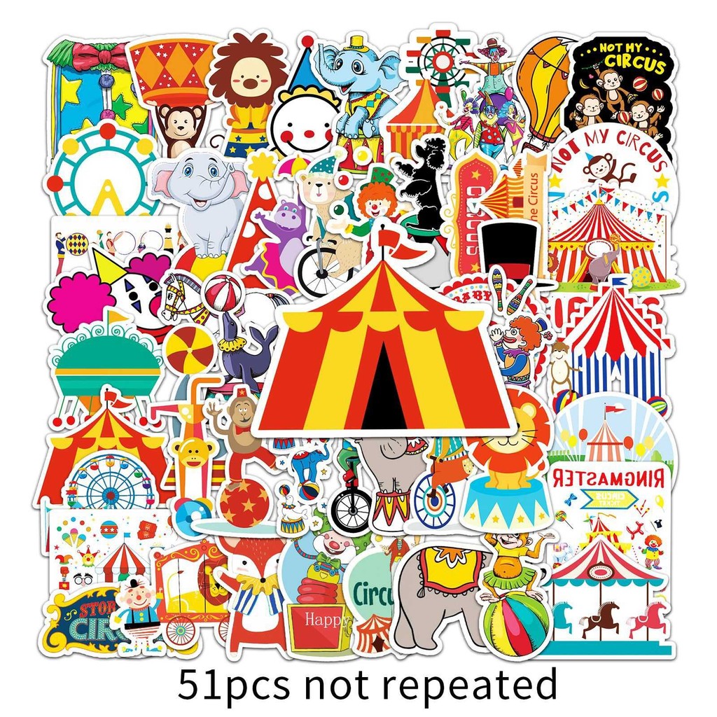 

50pcs Circus Theme Sticker Waterproof for Car Bumper Laptop Skateboard Surfboard Luggage Bicycle Kids Toy Boat Box Decals