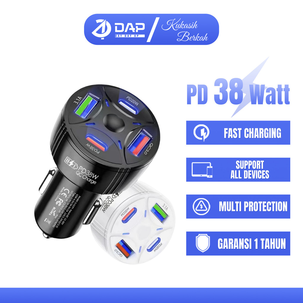 Car Charger Fast Charging 38 Watt QC PD 3.0 2 Type C PD & 2 USB Port + Kabel Type C to Type C DCCP1