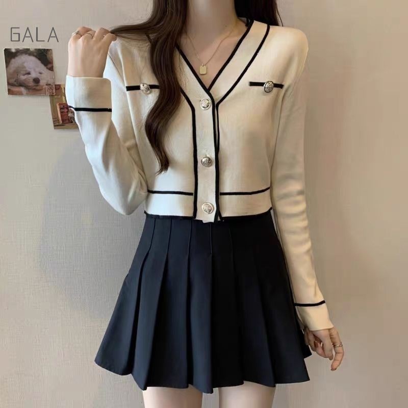 Cardigan Rajut Korea V-Neck Cardigan Rajut Crop Lengan Panjang Cardigan Polos Casual Style GA