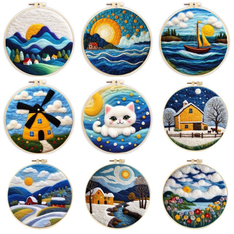 

RUOPOTY 1 Pack Starry Sky Pattern Needle Felt Starter Set For Adults Wave Landscape Felt Painting Kit For Beginners Wool Needle