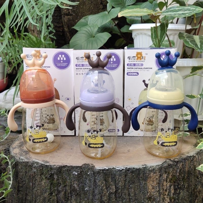 Botol 2 IN 1 Dot dan sedotan Botol Minum Anak Bayi Karakter rabbit Bear Tutup Clip Isi 300ML Bahan J