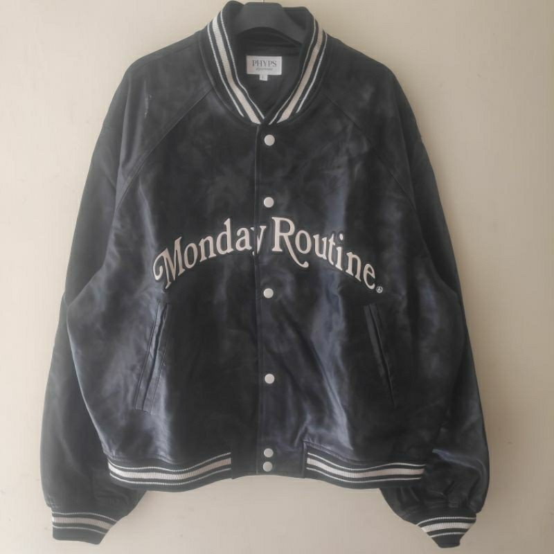Promo VARSITY JACKET LEATHER PHYPS™ MONDAY ROUTINE BLACK BOXY FIT