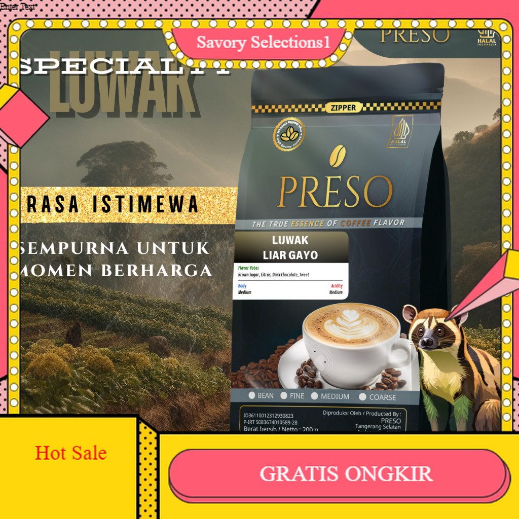 

【SAVORY】 SALE!! PRESO Kopi Specialty Luwak Liar Gayo/Wild Civet Gayo Coffee 200 gram