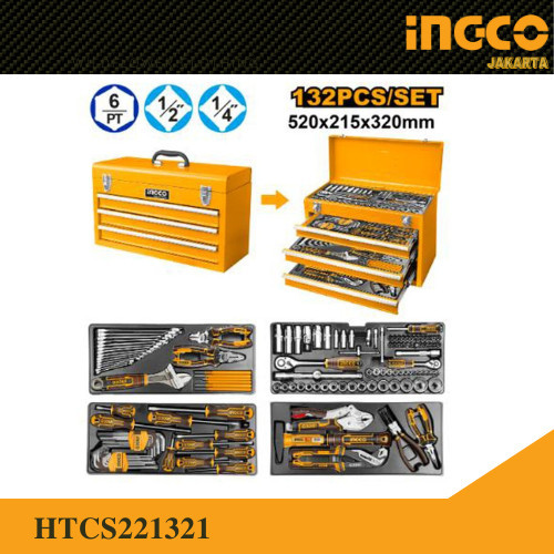 Kotak Perkakas Tool Kit Set 132-Pcs Mechanical Tools Chest Set (18Kg) INGCO HTCS221321 Paket Box Kot