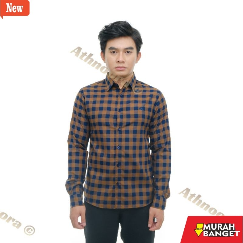 kemeja kotak kotak cowok Kemeja pria lengan panjang kotak kotak Slimfit katun