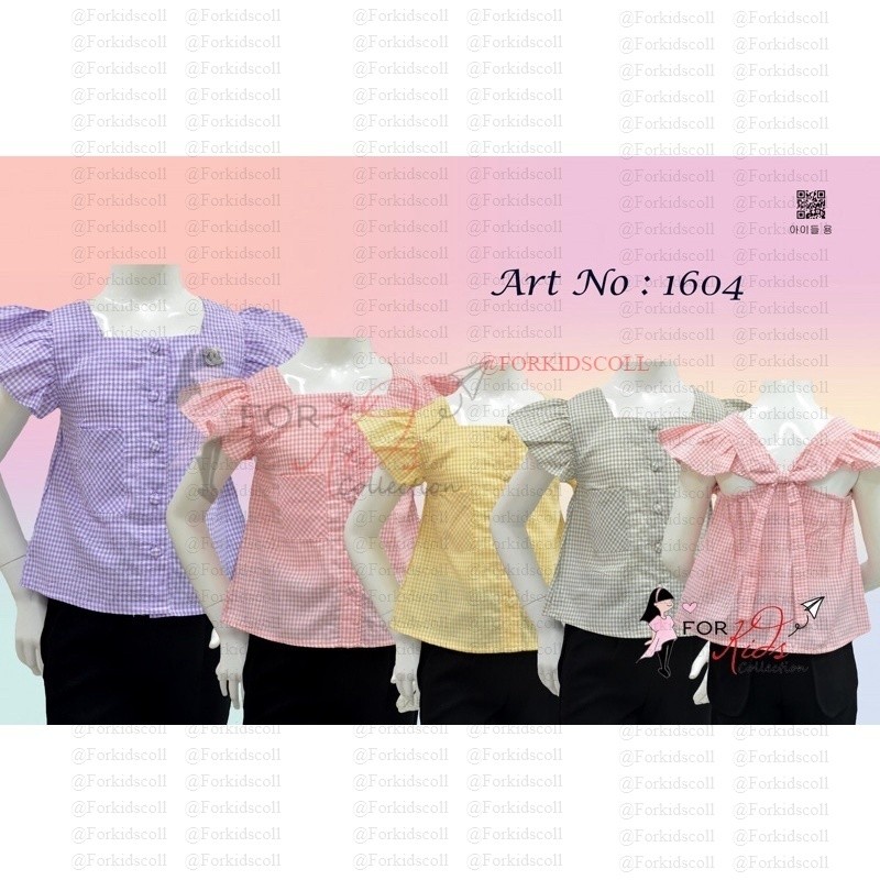 Blus Anak Perempuan Model Crop Top Pita Motif Kotak Fashion Kasual Korea (Celana Dijual Terpisah)