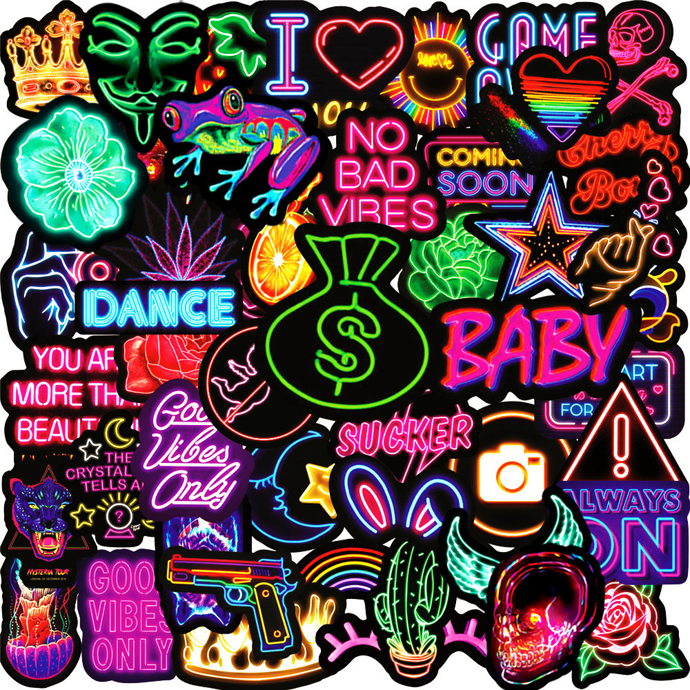 

50pcs Colorful Ins Neon Series Graffiti Stickers Suitable for Helmet Desktop Wall Decoration DIY Sticker Pack with Storage Box