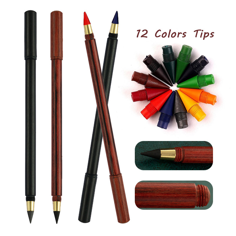 

25 Pcs/set Vintage Brass Wooden Eternal Pencil HB Replaceable Tip Ink Free Sketch Drawing Tool Student Art Stationery Pencil
