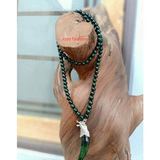 KALUNG TASBIH FOSIL AKAR BAHAR HIJAU LUMUD ZAMRUD LIONTIN TARING KUKU MACAN MATA BATU MARJAN