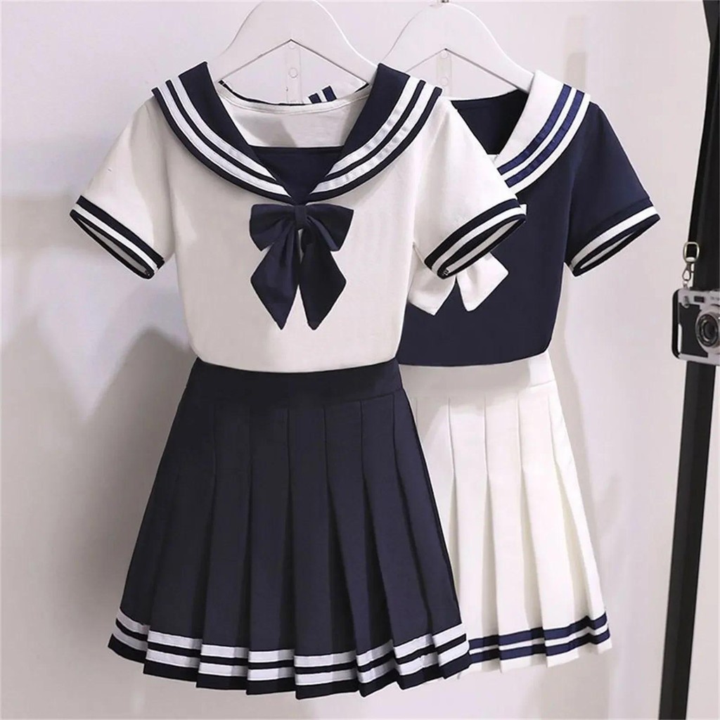 Black White JK Uniform Summer Short Sleeve Shirt+Pleated Skirts Japanese School Uniforms 4-10T Girls
