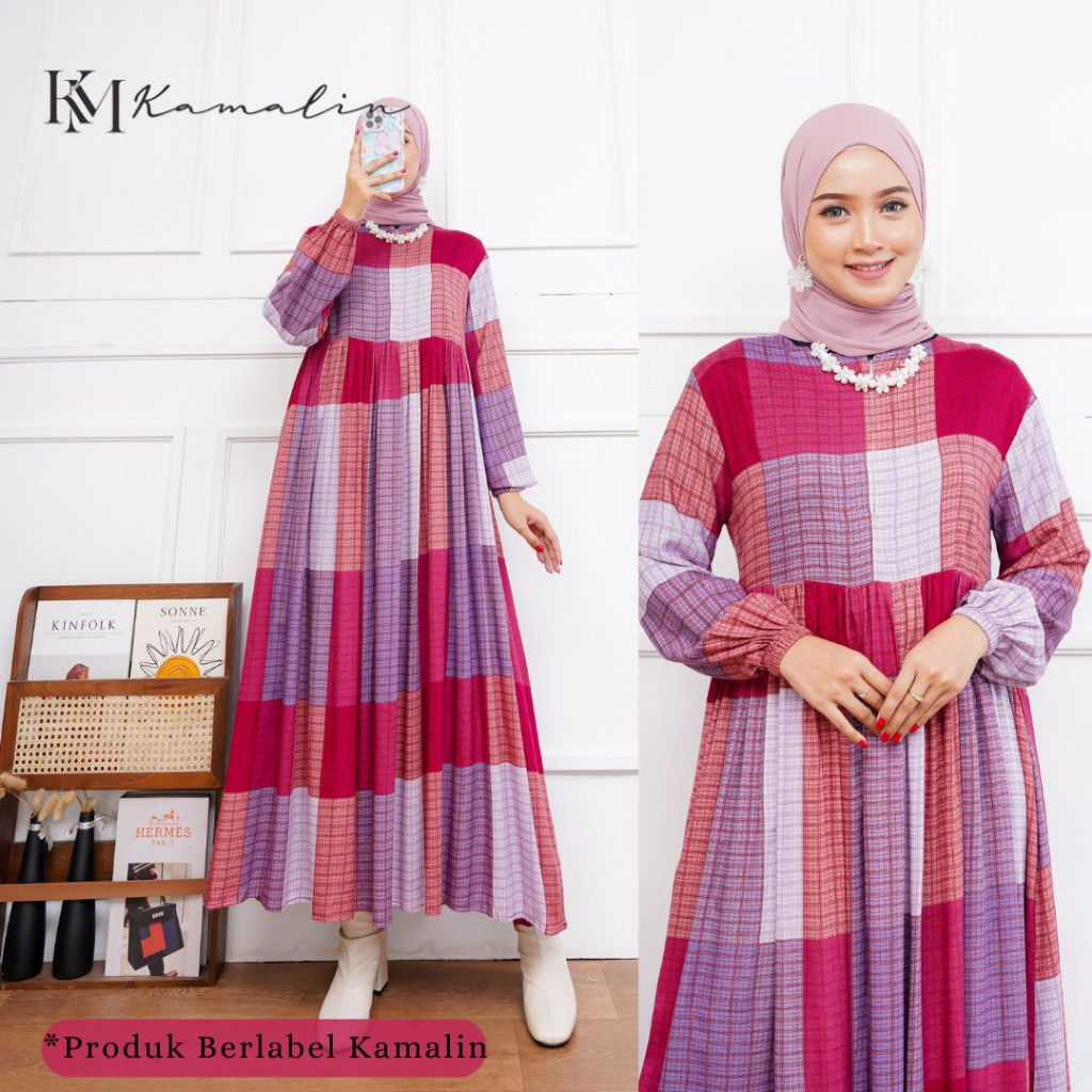 DW42R Midi Dress Rayon Premium Kekinian Terbaru Muslim Korean Style Kotak Kotak Tartan Motif Avril