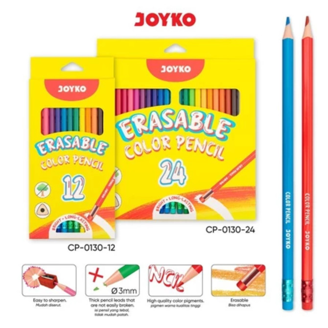

Erasable Color Pencil Pensil Warna Dapat Dihapus Joyko CP-0130 Triangle Grip 12 & 24 Warna