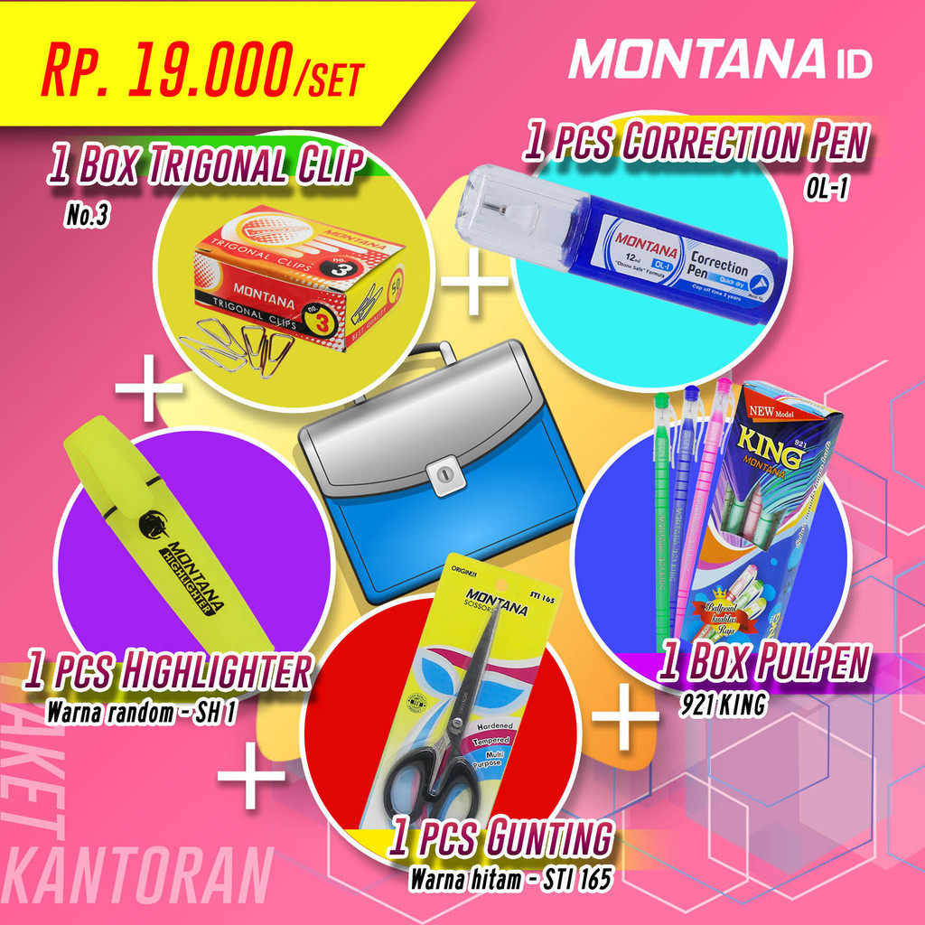 

MONTANA PAKET KANTOR 19RB (isi clips, correction pen, highlighter, gunting, dan pulpen)