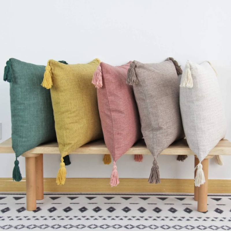 

Solid Linen Pillow/Cushion Covers European With Tassels Throw Pillow Sham 18x18inch Home Decor Square Decorative for Couch Kids