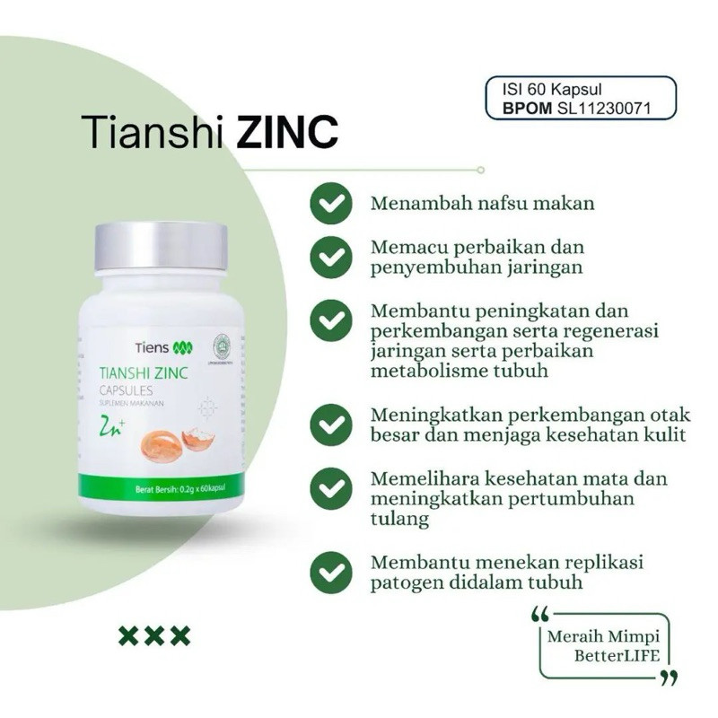 (TERLARIS) Zinc Tiens 60 Kapsul Penambah Nafsu Makan Anak 1 Botol & Ecer Tiens / Thiansi Zinc Origin
