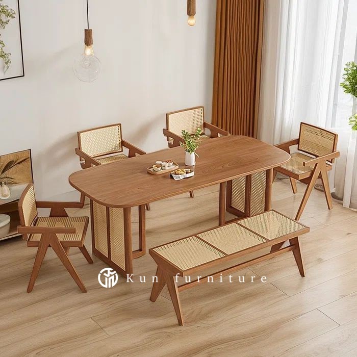 Meja makan minimalis oval kekinian kayu jati 4 kursi + bench rotan