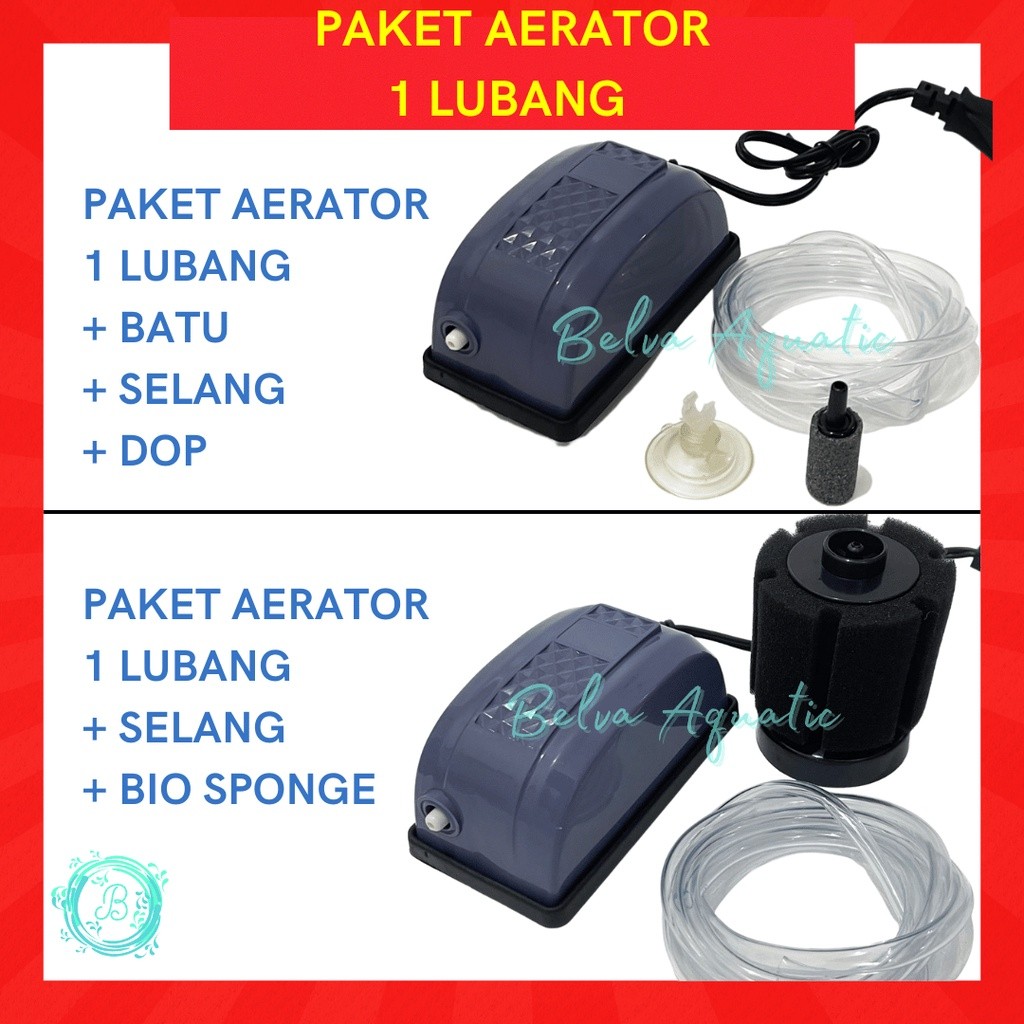 PUJEGANSHOP PAKET AERATOR 1 LUBANG + BATU GELEMBUNG UDARA / SPONGE FILTER + SELANG AQUARIUM Set Pomp