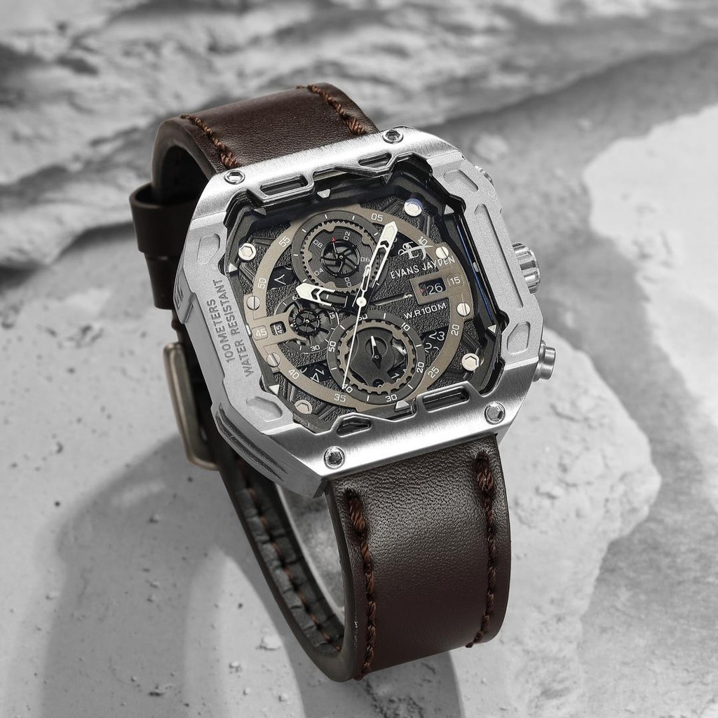 [ DISKON ] Evans Jayden Jam Tangan Pria 9596 Kulit Kaca Sapphire Chrono Water Resistant 10 ATM