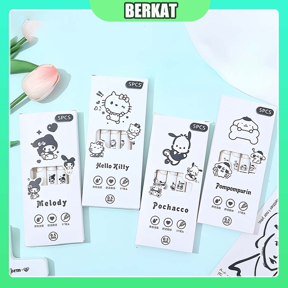 

【5Pcs】Kartun Lucu Pulpen Gel Pena Sanrio Cover White Mekanik Pen Gel Rectrable Pen Black 0.5mm Pulpen Minimalist