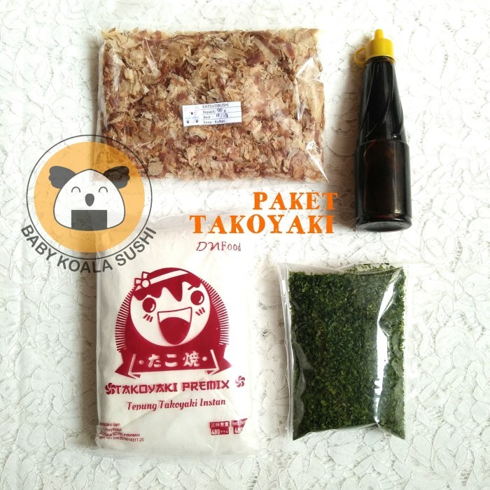 

PAKET TAKOYAKI KOMPLIT | Tepung Premix, Katsuobushi, Saus Tako, Aonori