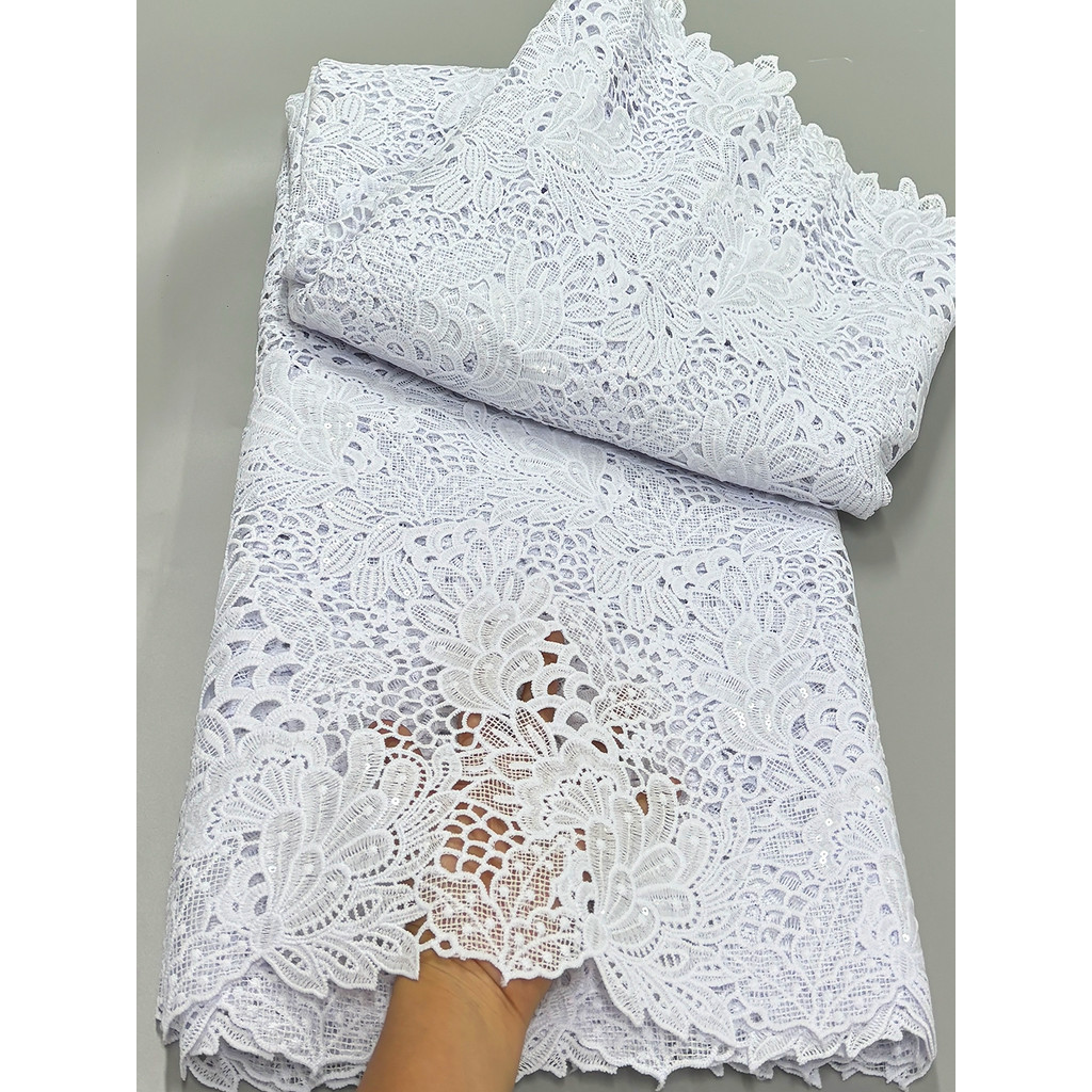 

5 Yards White Guipure Lace Fabric African Cord Lace Fabric 2024 High Quality Nigerian Water Soluble Material WIth Sequins Dress