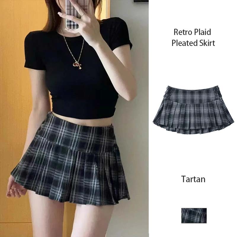 Retro Plaid Pleated Skirt Women Summer Hot Girl Skirt Short Skirt High Waist College Style