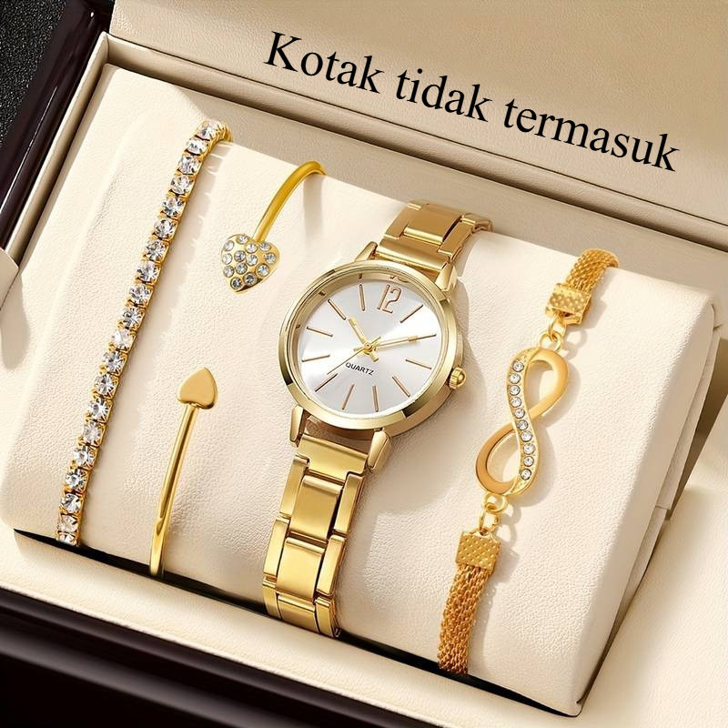 4PCS Jam Tangan Wanita Gelang Kuarsa Gelang Elegan Gelang Stainless Steel Dial Kecil Jam Tangan Wani