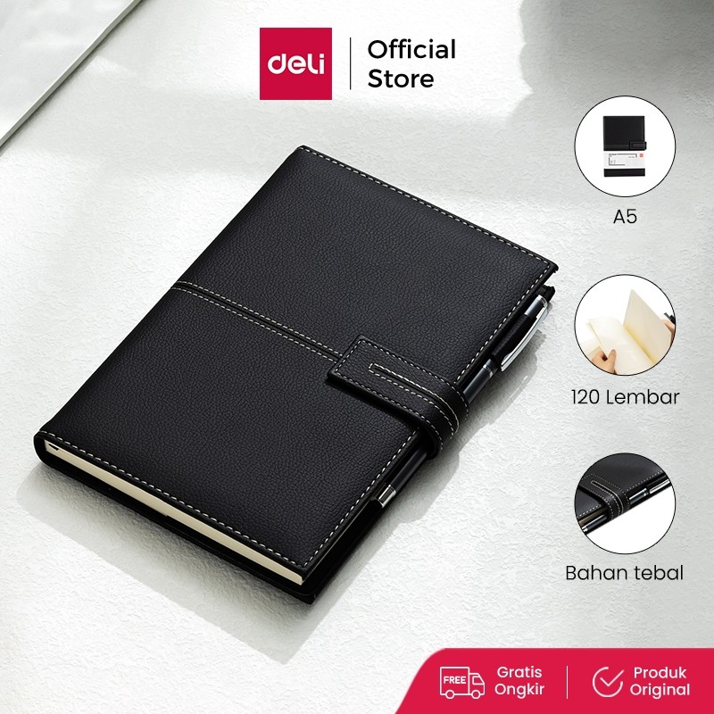 

New Deli Leather Cover Notebook / Buku Catatan / Agenda Sampul Kulit A5 120 Lembar Magnetic Lock EN142LPremium