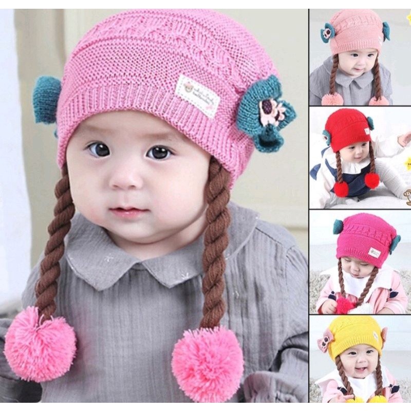 Topi Rajut Kepang Bayi Perempuan/ Topi kupluk Bayi / Topi rajut kepang