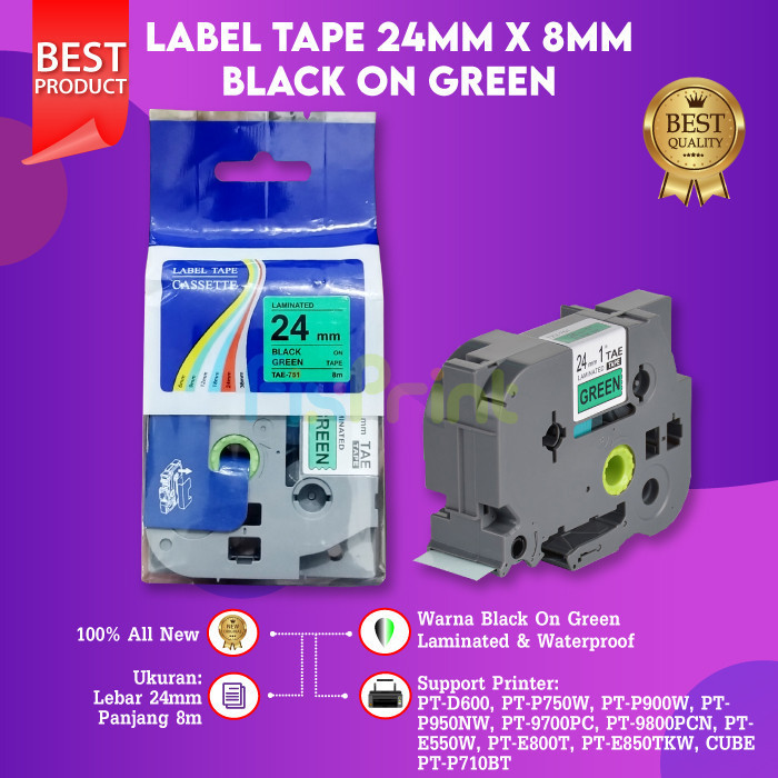 

FixPrint Label Tape Casette Laminated 24mm Black On Green TZE-751 TZe-751 Compatible
