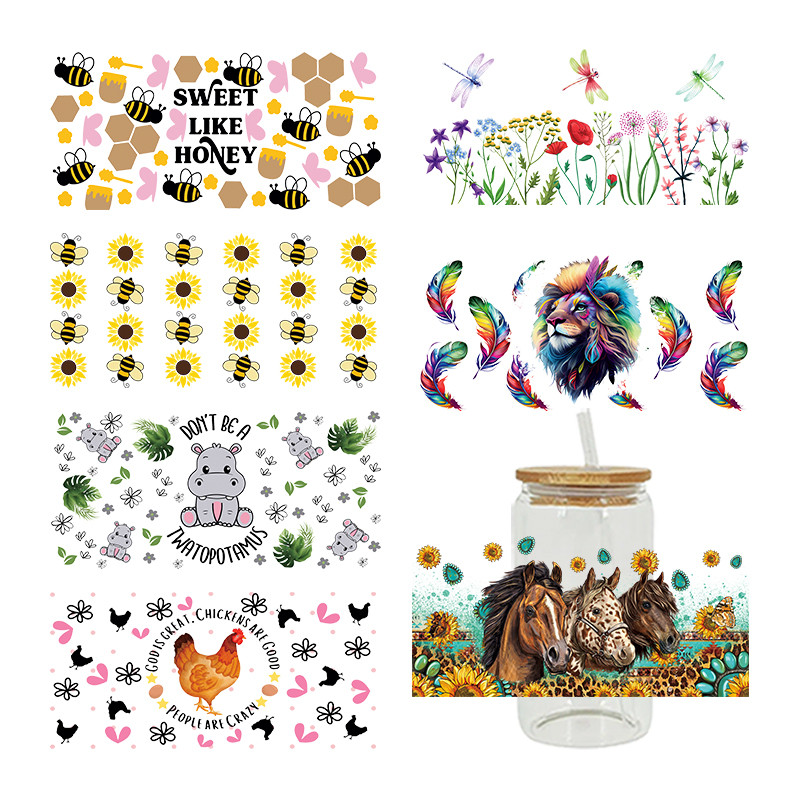

UV DTF Transfer Sticker Animal Bee For The 16oz Libbey Glasses Wraps Bottles Cup Can DIY Waterproof Custom Decals D9360