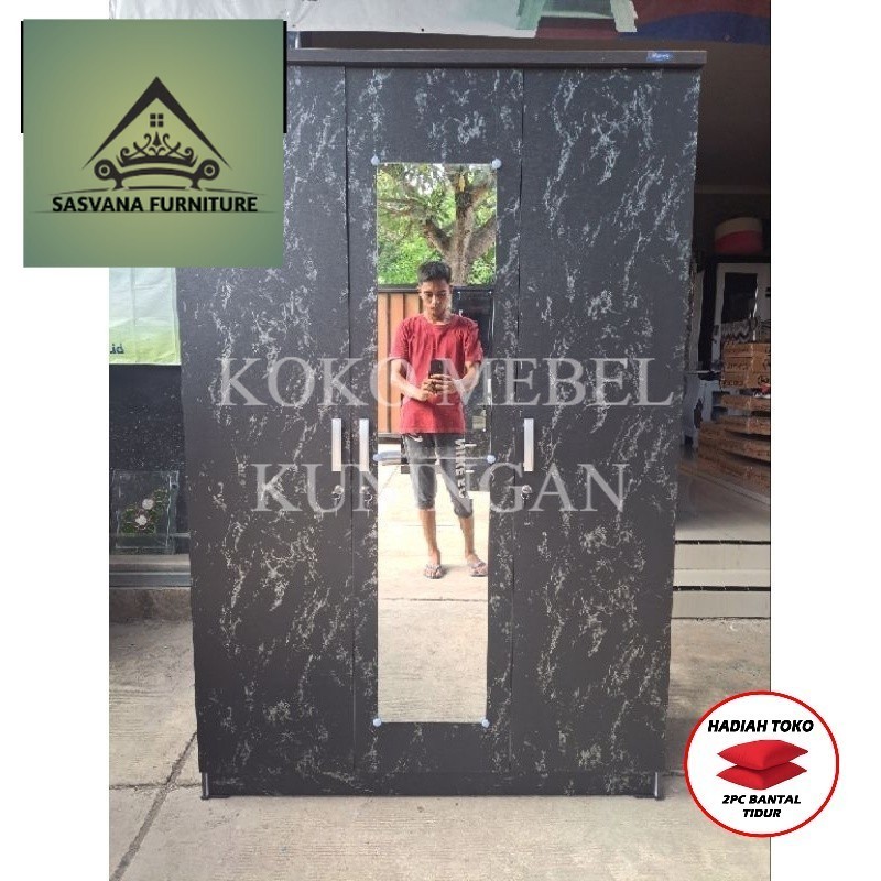 (FREE BANTAL TIDUR) Lemari Pakaian 3 Pintu Olympic  Lemari Motif Marmer Lemari Minimalis  Kuningan M
