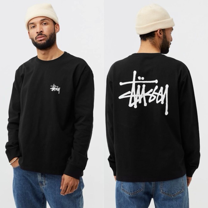 Kaos Oversize STUSSY Basic Stock Small Logo Long Sleeve LS L/S Black Tshirt - ORI - S