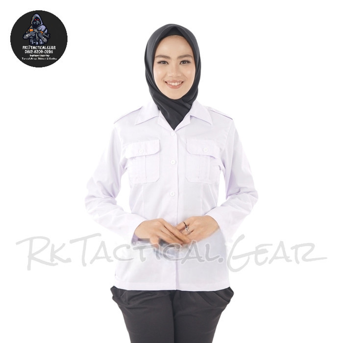 Kemeja Putih PNS WANITA - Baju PDH Putih kerah V - Neck Wanita - Seragam Kemeja Kerja Wanita - S