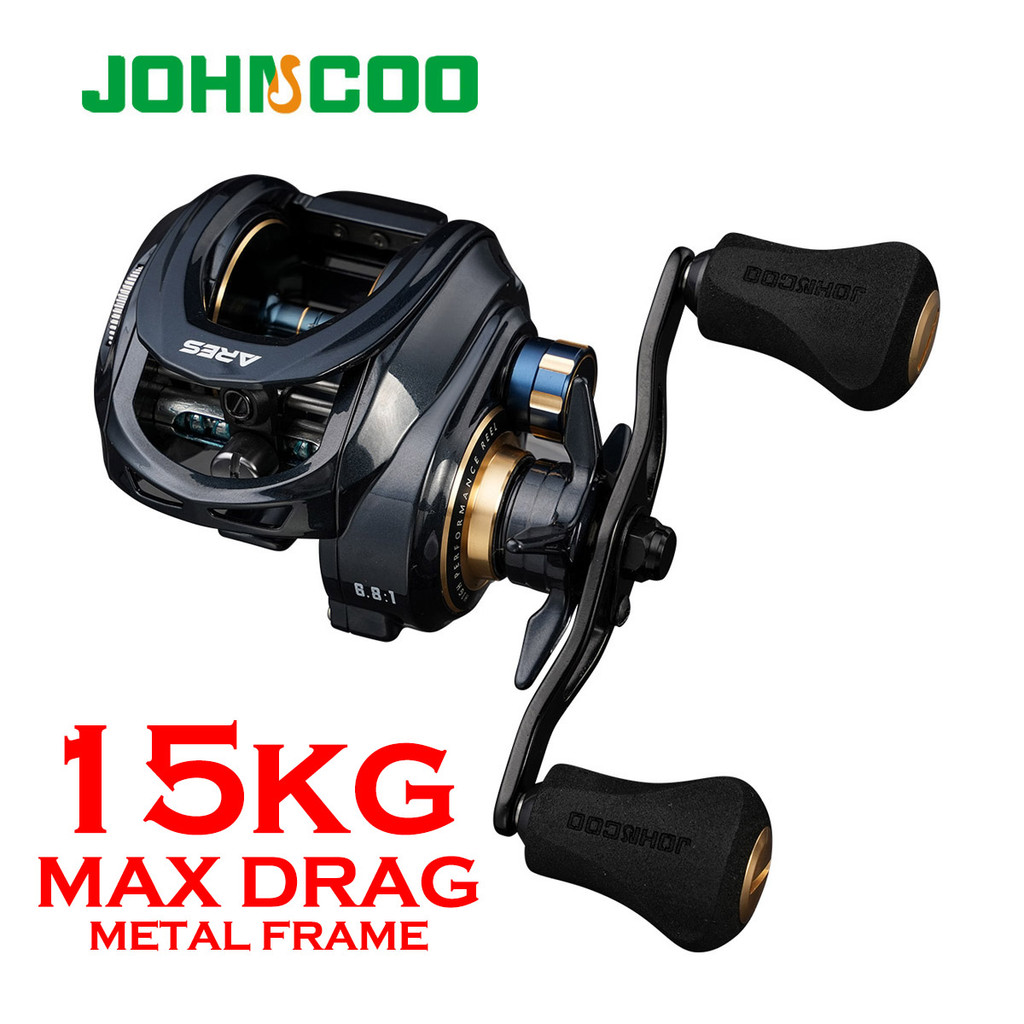 JOHNCOO ARES Baitcasting Reel Aluminum Frame Saltwater Fishing Reel 6.8:1 Gear Ratio 15kg Max Drag L