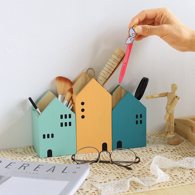 

Creative house shape wooden pencil pen holder desktop storage box container stationery school office supplies