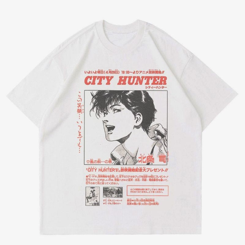 KAOS ANIME VINTAGE CITY HUNTER | T-SHIRT WHITE OVERSIZED PREMIUM 24s | KAOS BAJU ANIME OVERSIZE PRIA