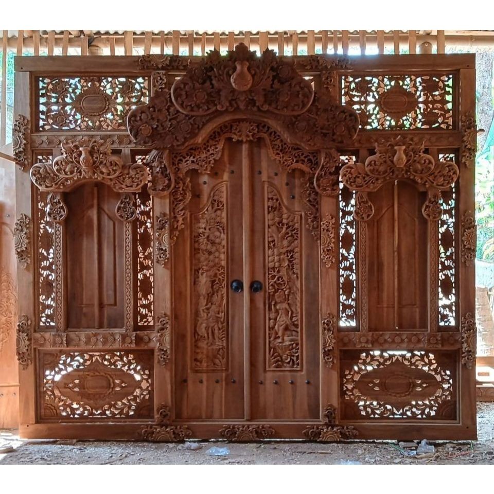 Pintu Gebyok Still Bali Pintu Rumah Kayu Jati Ukir Jepara Pintu Relif Ramayana Dengan 2 Jendela Kiri