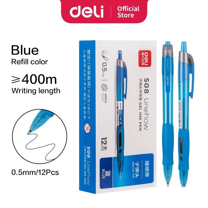 

[Promo]New Arrival Deli Gel Pen Pulpen Gel Retractable 0.5mm 3 Warna Bullet Tip S08 12PCS - Biru 12pcs
