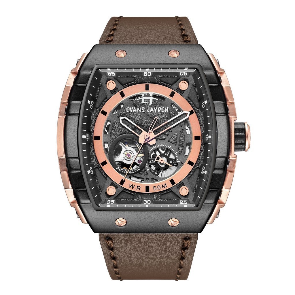 [ DISKON ] Evans Jayden Jam Tangan Pria 9564 Kulit Automatic Stainless Kaca Safir 5ATM