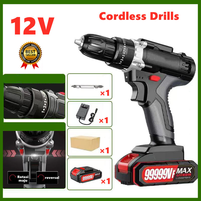 12V Impact Cordless Drill / Mesin Bor 2 Baterai tanpa kabel Untuk Tembok Beton/bor batre1 set lengka