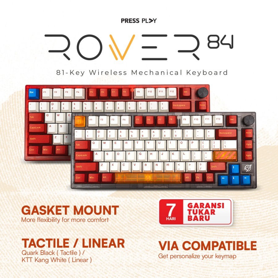 Press Play Rover84 Rover-84 V4 WIreless Gaming Mechanical Keyboard 75% Layout Gasket Mount VIA Compa
