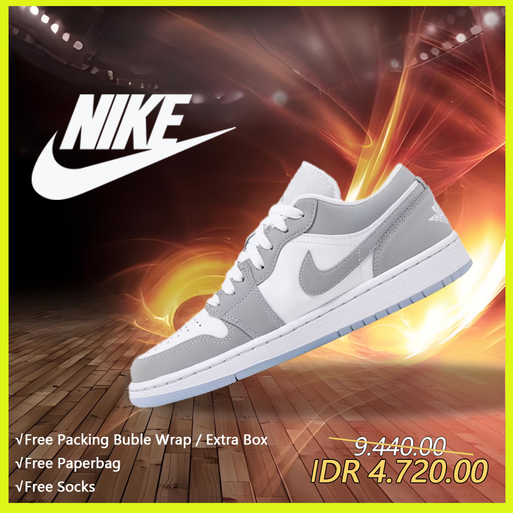 Nike Air Jordan 1 dengan kombinasi warna putih dan abu-abu, model pasangan. Jordan 1 gray white.Pemb