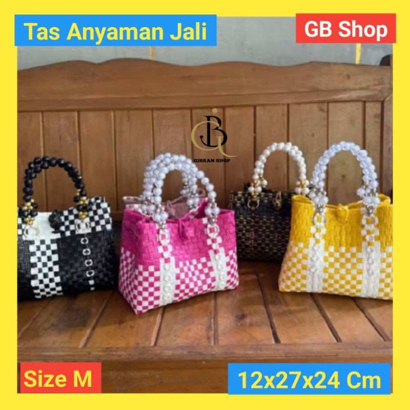 Tas pesta jali, tas anyaman wanita plastik jali premium kwalitas import handle mutiara dan rajut ele