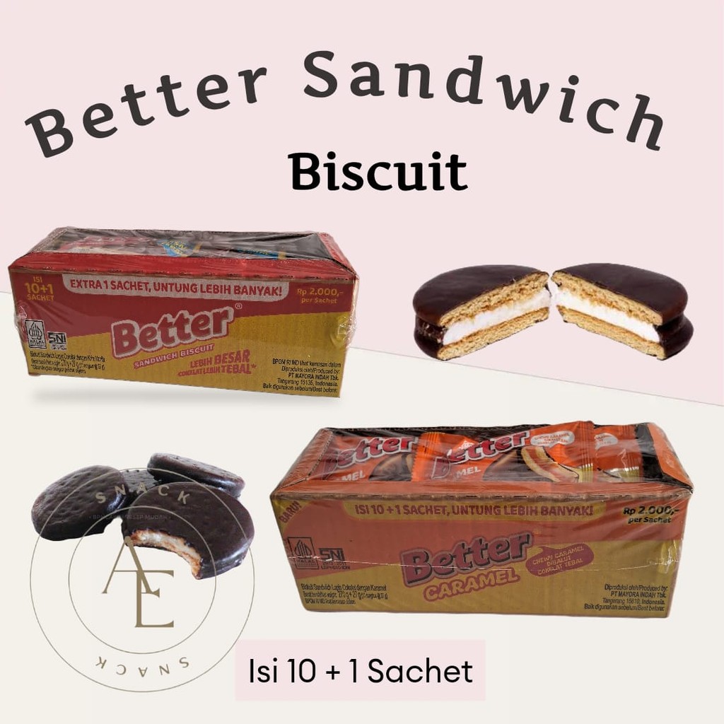 

Better Sandwich Biscuit lapis cokelat dengan krim Vanila dan Karamel kemasan Renceng isi 10pcs x 22g