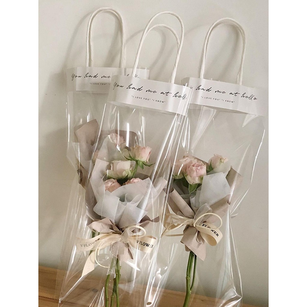 

5pcs Simple Transparent Flower Tote Bag, Flower Gift Decoration Tote Bags, Single Bouquet Opp Bag Romantic Gift Bag For Lovers
